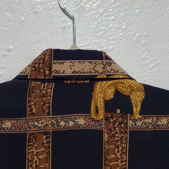 Vintage Carlisle 100% Silk Navy and Gold Alligator Patterned Shirt Size 10 - Picture 6 of 11